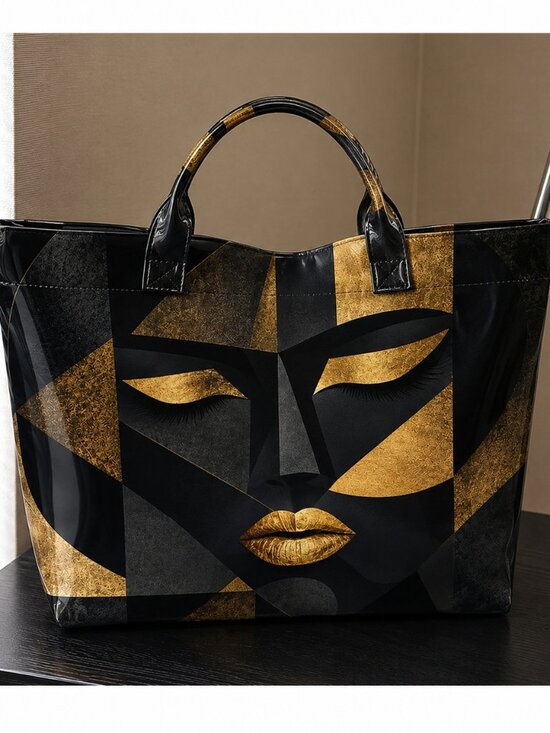 Handbags - Black Gold Abstract Face Tote Bag Large Shopper Shoulder Bag Art Print Handbag